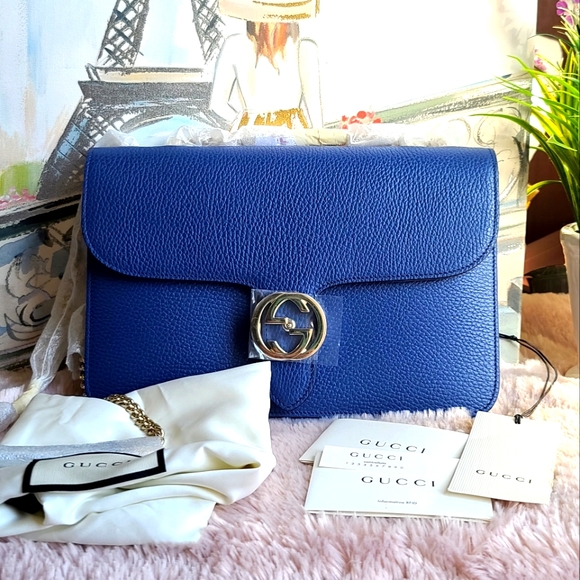 GUCCI Dollar Calfskin Medium Interlocking G light gold chain Shoulder - Picture 1 of 16